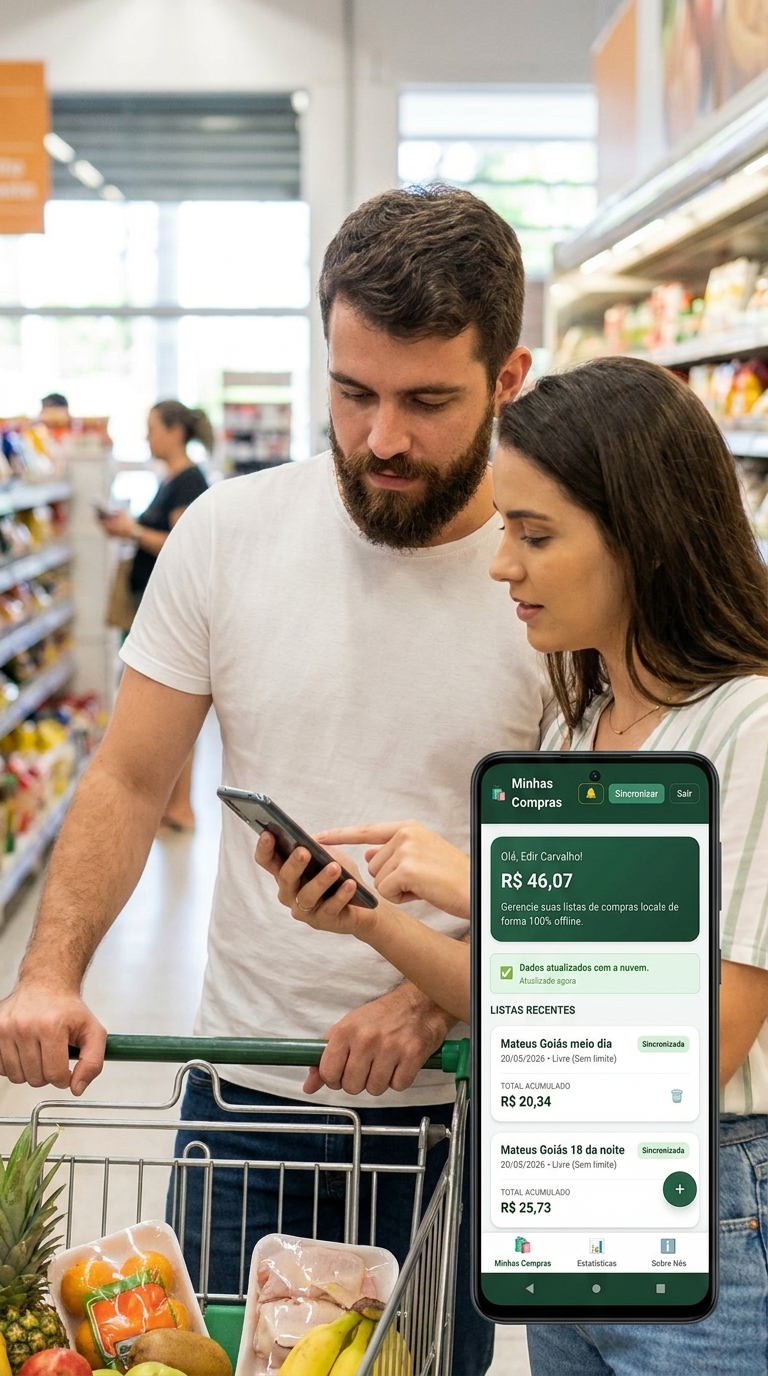 Casal utilizando o aplicativo Economia Inteligente no supermercado